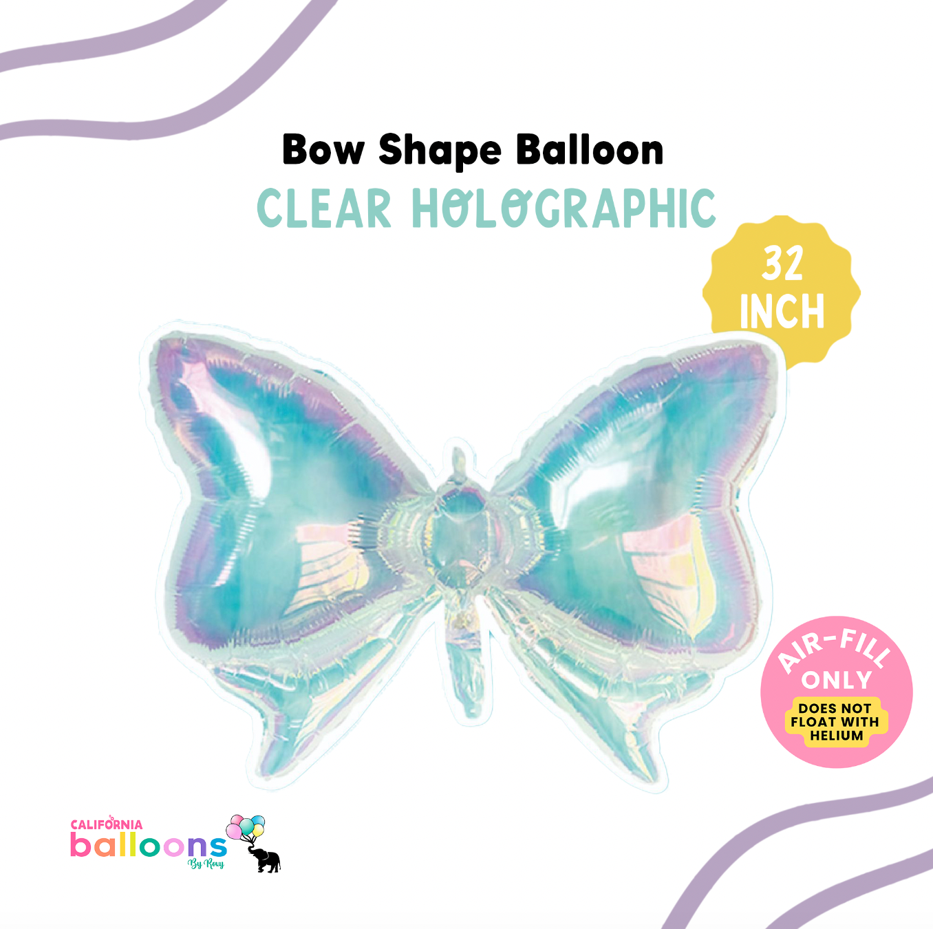 32" Holographic Clear Bow Shape Balloon - (AIR-FILL ONLY)
