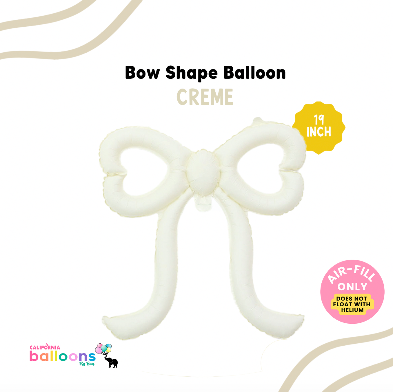 19" MINI Curled Ribbon Bow Shape Balloon - (AIR-FILL ONLY) - CREME