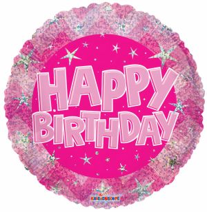 18" Holographic Pink Happy Birthday Round Foil Balloon