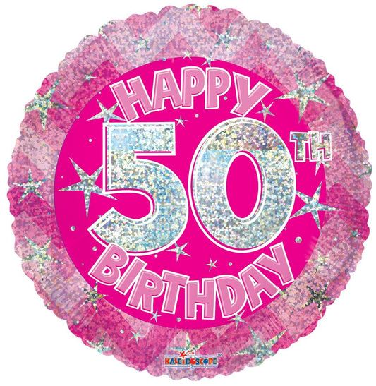 18" PINK Holographic 50th Birthday Round Foil Balloon
