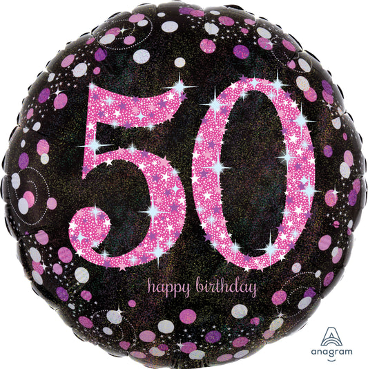 18" Black & Pink Holographic 50th Birthday Round Foil Balloon