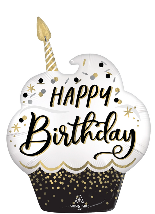 29" Happy Birthday B/W CUPCAKE SUPERSHAPE Foil Balloon