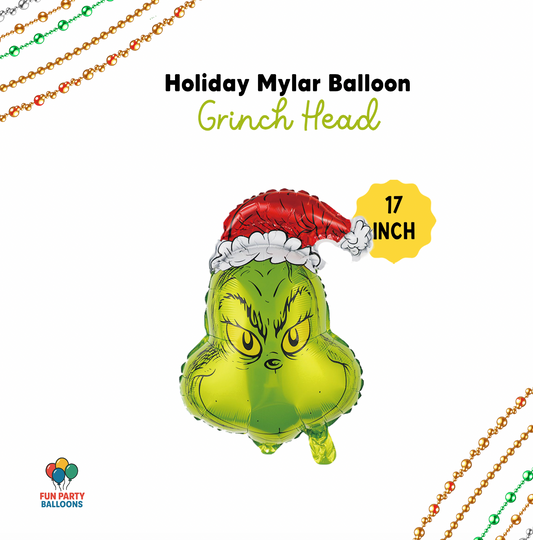 17-inch Grinch head mylar balloon with festive design on a white background