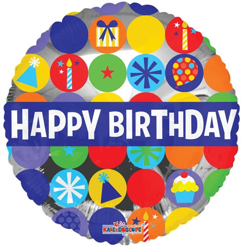 18" Happy Birthday Silver/Multi-color  Round Foil Balloon
