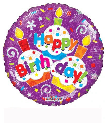 18" Happy Birthday Holographic Purple Cupcakes Round Foil Balloon