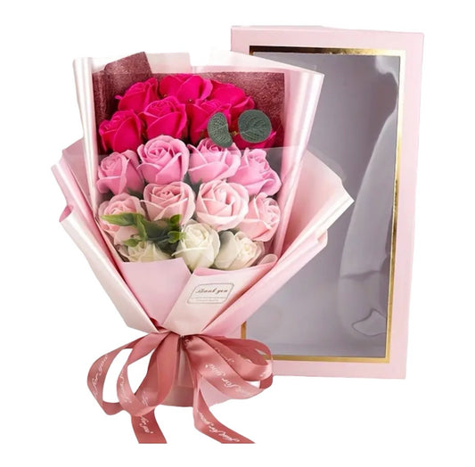 Artificial Rose Flower Bouquet with Gift Box- Pink & White