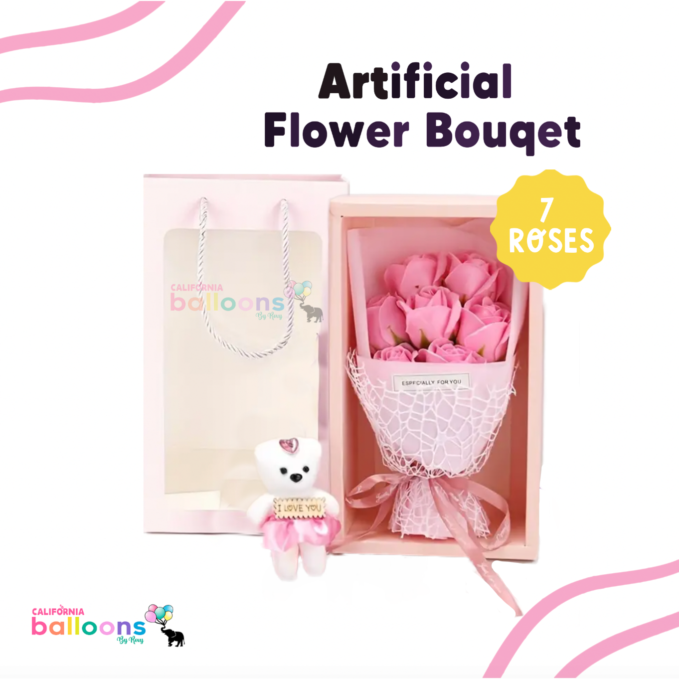 Artificial Rose Flower Bouquet with Gift Box- PINK (7 Roses)