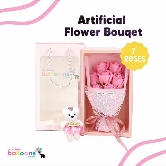 Artificial Rose Flower Bouquet with Gift Box- PINK (7 Roses)