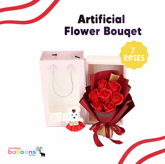 Artificial Rose Flower Bouquet with Gift Box- RED (7 Roses)