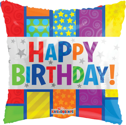 18" Happy Birthday Silver/Multi-color  Square Foil Balloon