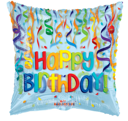 18" Happy Birthday Clear + Multi-color  Square Foil Balloon