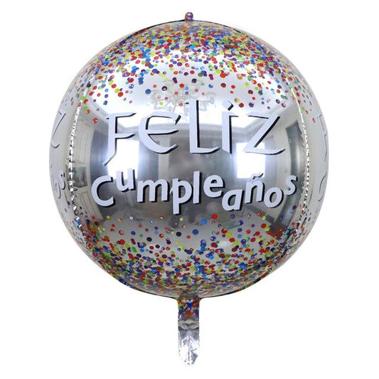 15" Funfetti Feliz Cumpleaños Silver FOIL ORBZ (Self-sealing) Balloon