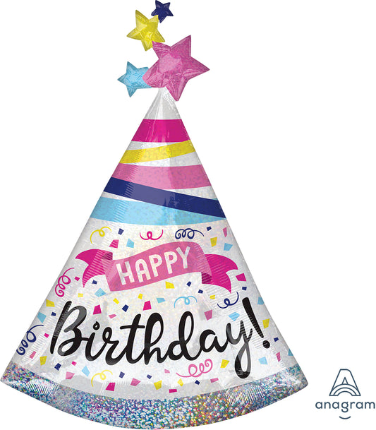 36" Holographic Happy Birthday Party Hat Mylar Balloon