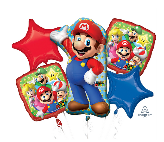 Mario Birthday Balloon Bouquet 5pc - Super Mario