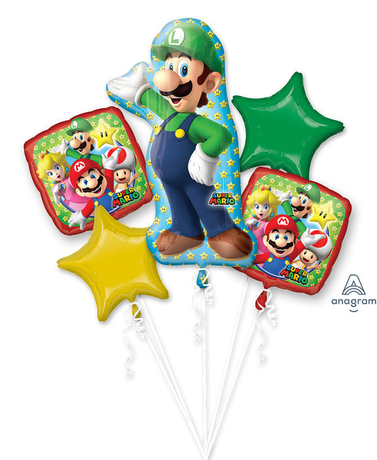 Luigi Birthday Balloon Bouquet 5pc - Super Mario