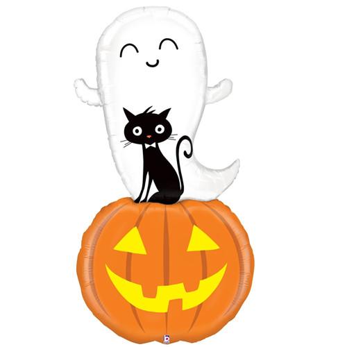 60" (5 FT Tall) Ghost & Cat on Pumpkin Mylar Balloon